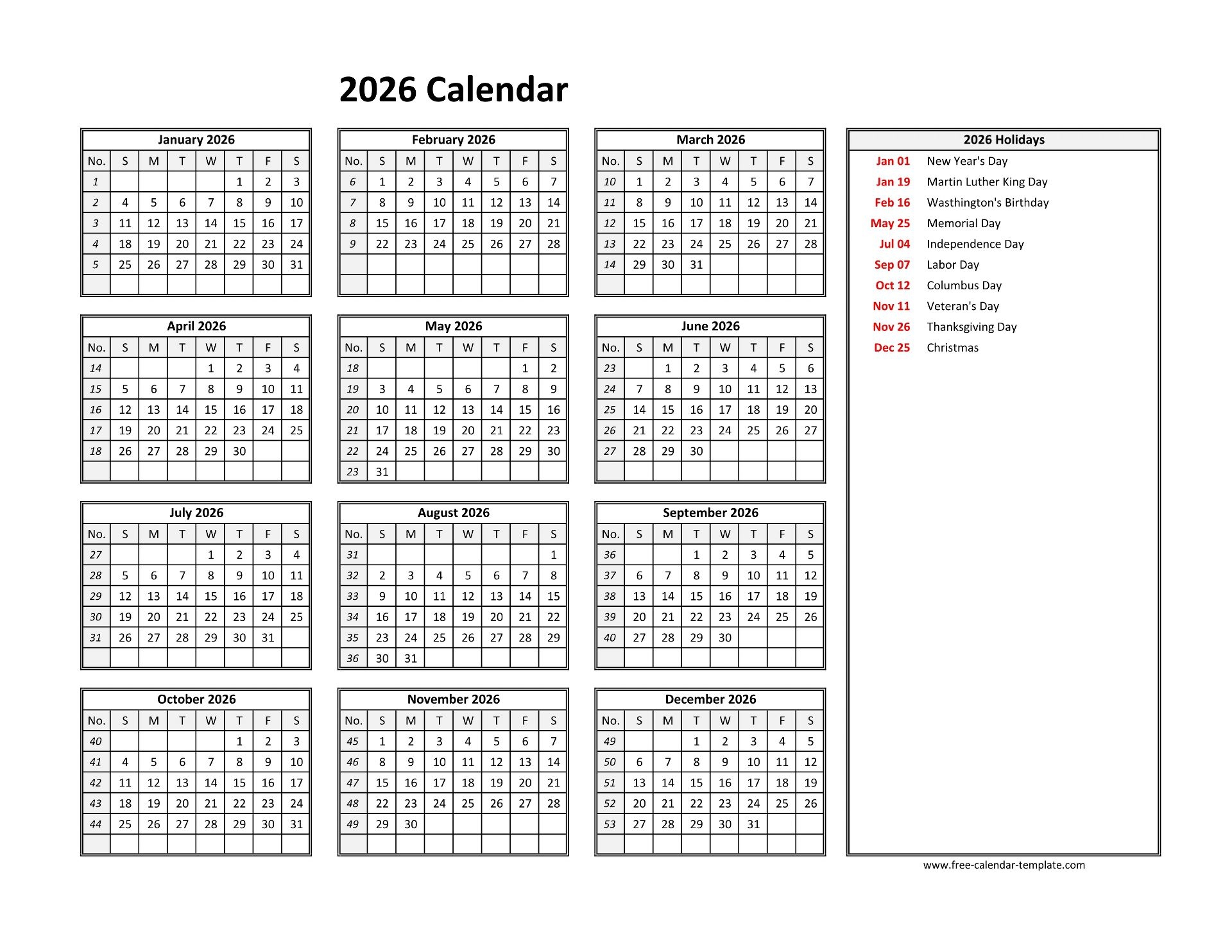 2026 Yearly Calendar Printable With Week Numbers Free calendar template 