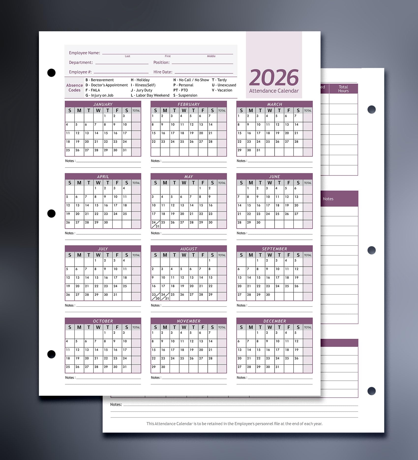 2026 Employee Attendance Calendar Printable