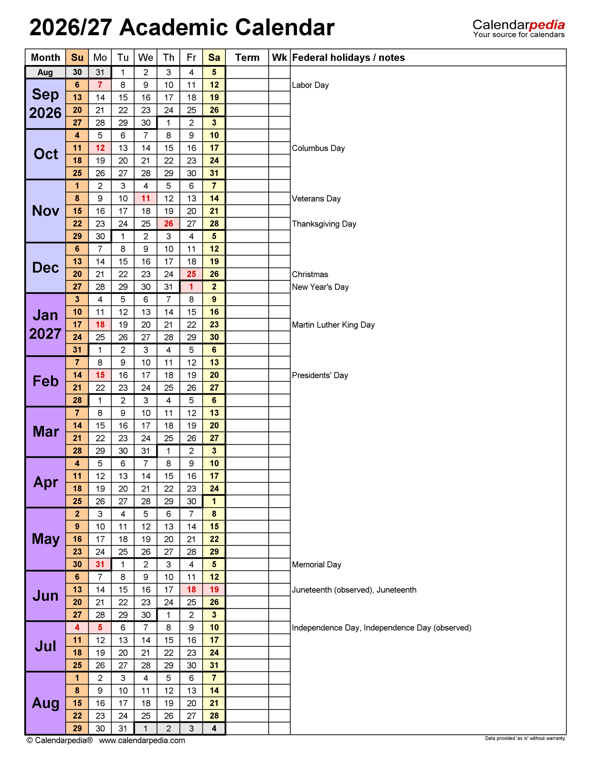 Academic Calendars 2026 2027 Free Printable PDF Templates