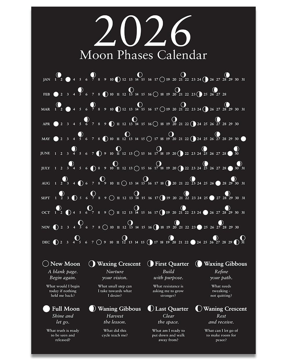 Amazon 2026 Moon Phases Calendar Poster 11x17 Unframed Print Lunar Cycle Wall Art Astrology Calendar Full Moon Tracker Spiritual Celestial Decor Minimalist Zodiac Chart For Home Or Office Home Kitchen