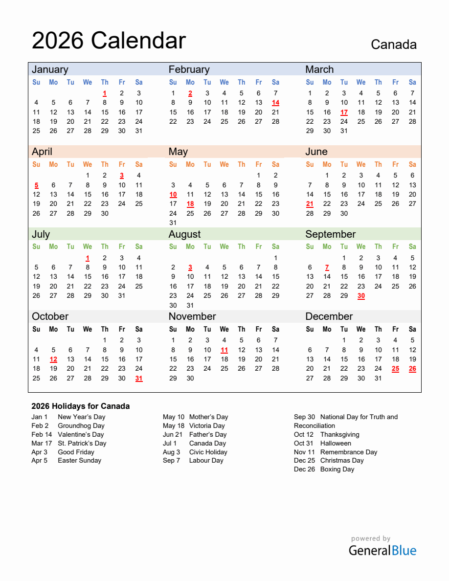 Annual Calendar 2026 With Canada Holidays Annual Calendar 2026 With Canada Holidays