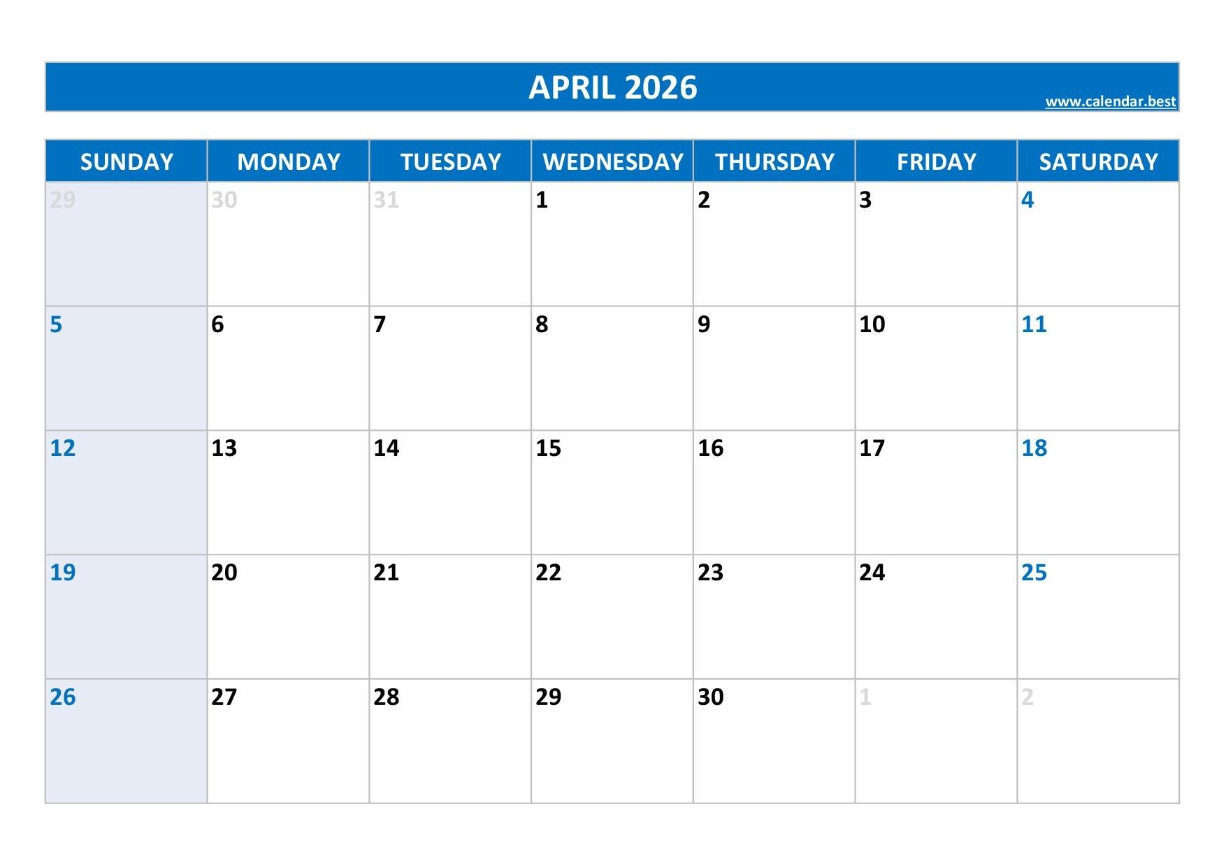 April 2026 Printable Calendar With Holidays