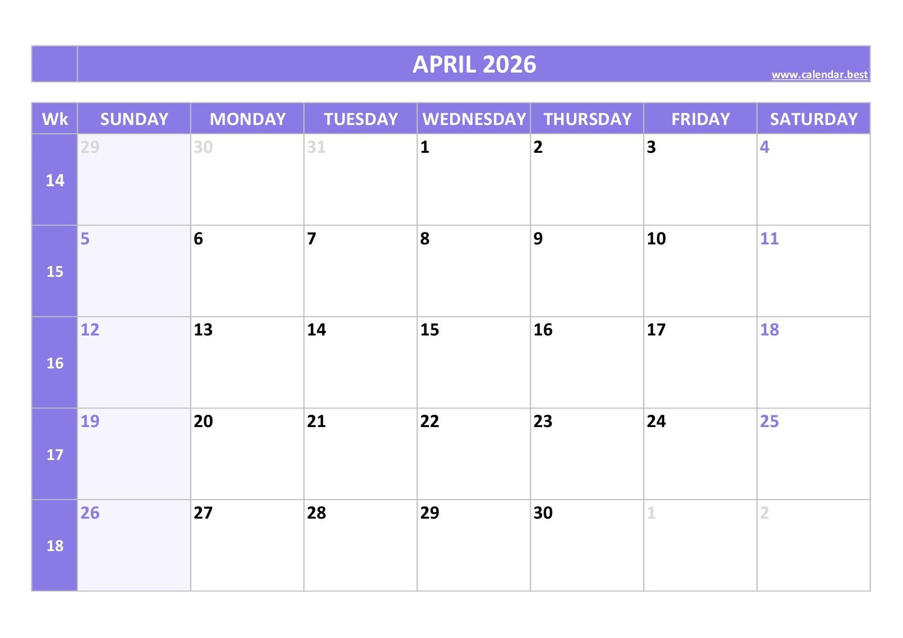 April 2026 Calendar Printable Pdf