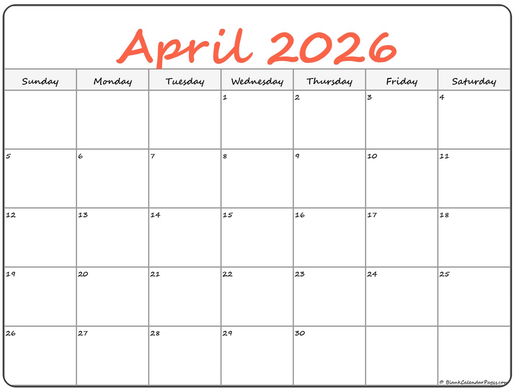 Free Printable April 2026 Calendar Free Printable April 2026 Calendar