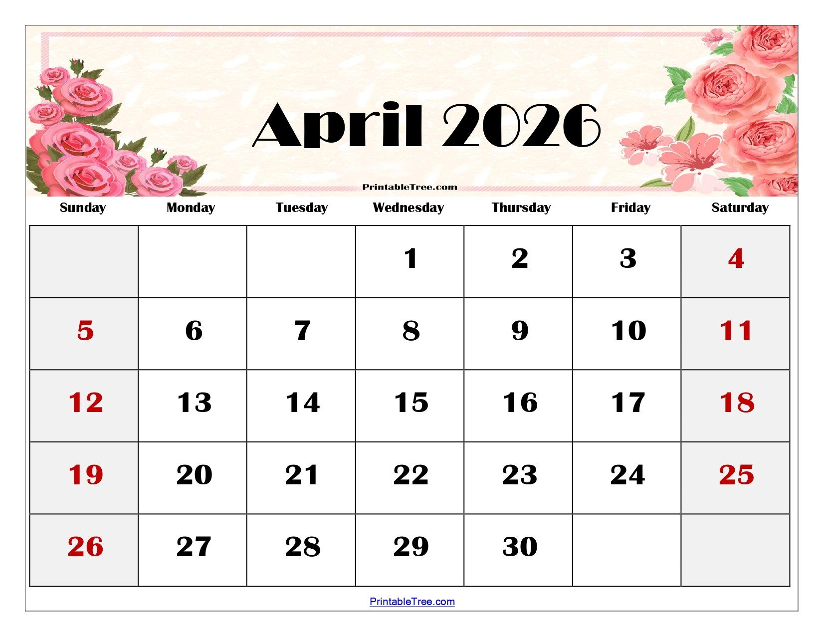 Calendar April 2026 Printable