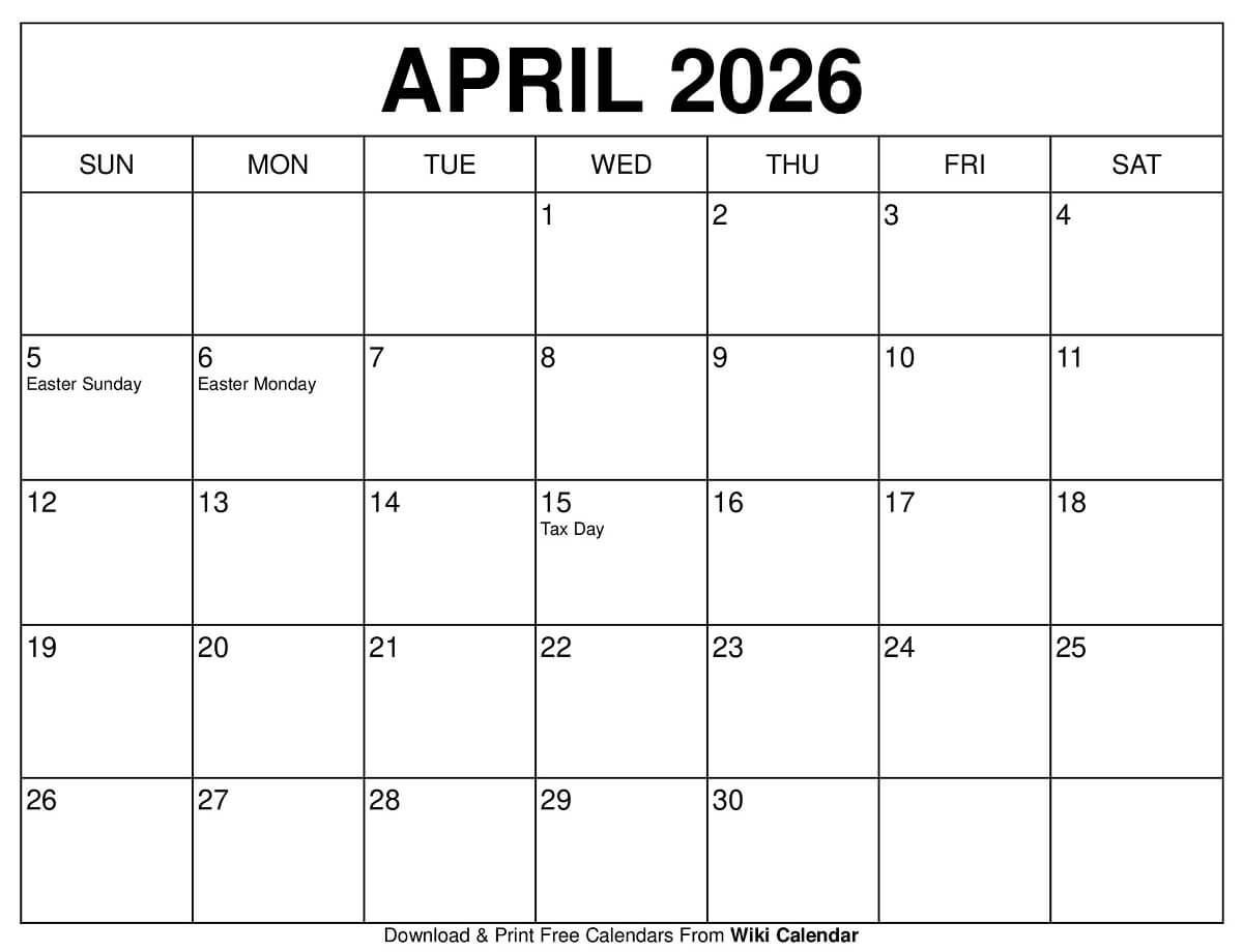 April 2026 Calendar Printable Templates More
