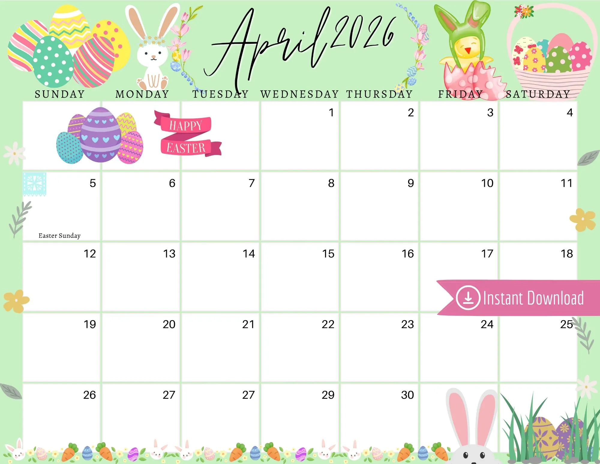 April 2026 Easter Sunday Calendar Mint Green Printable PDF PNG JPG Etsy Norway