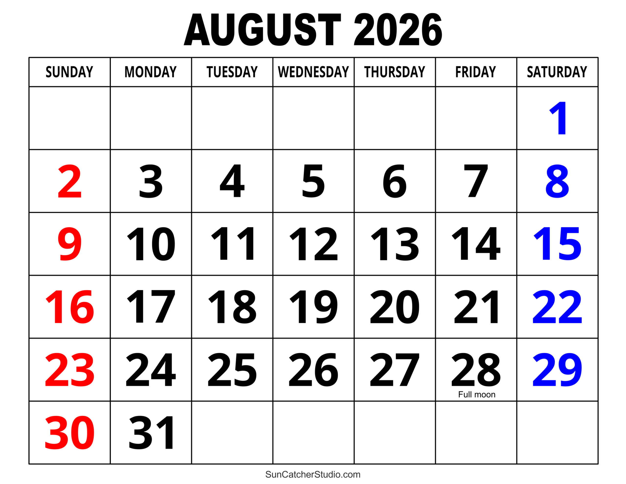August 2026 Calendar Free Printable Free Printables Lettering SVG Files Tools Apps