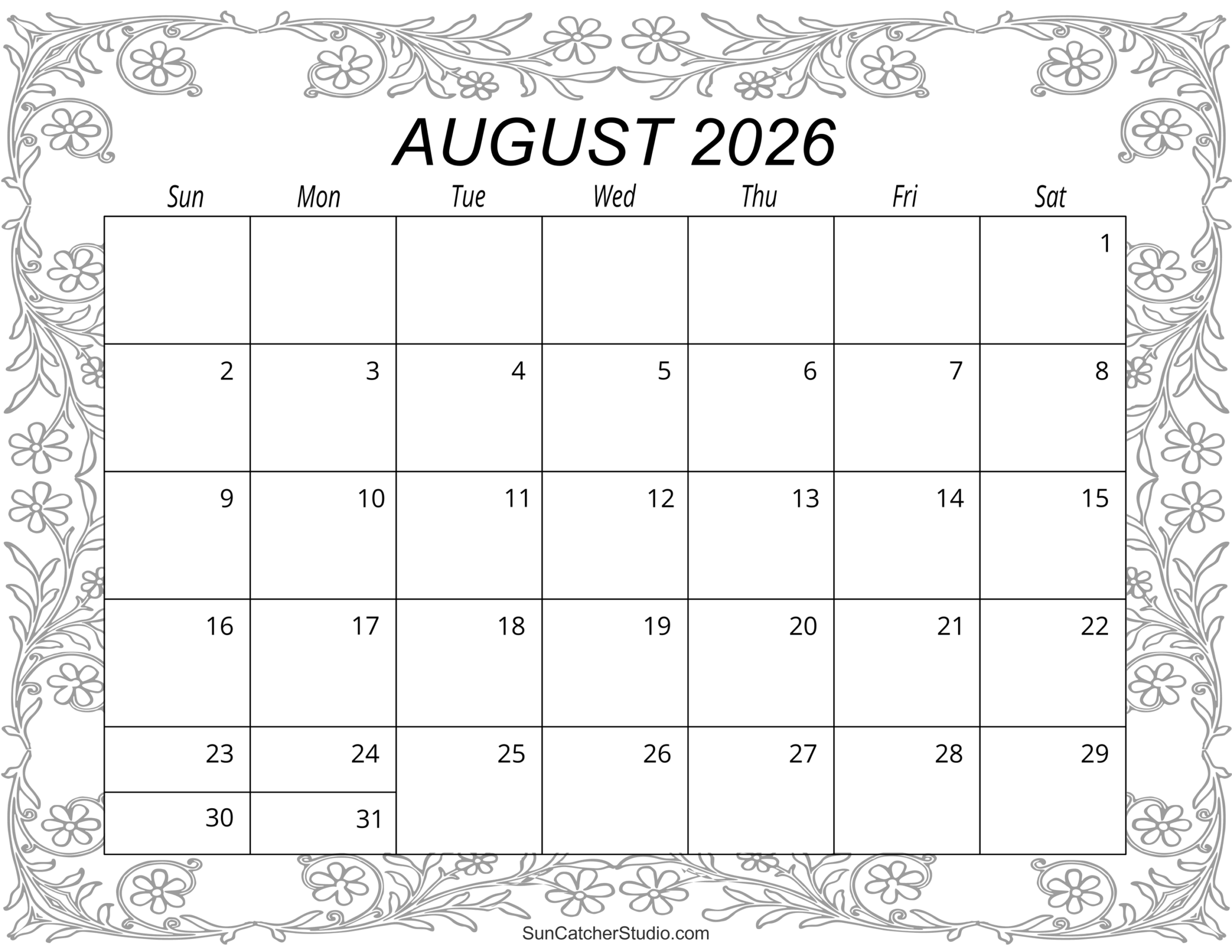 August 2026 Calendar Free Printable Free Printables Lettering SVG Files Tools Apps