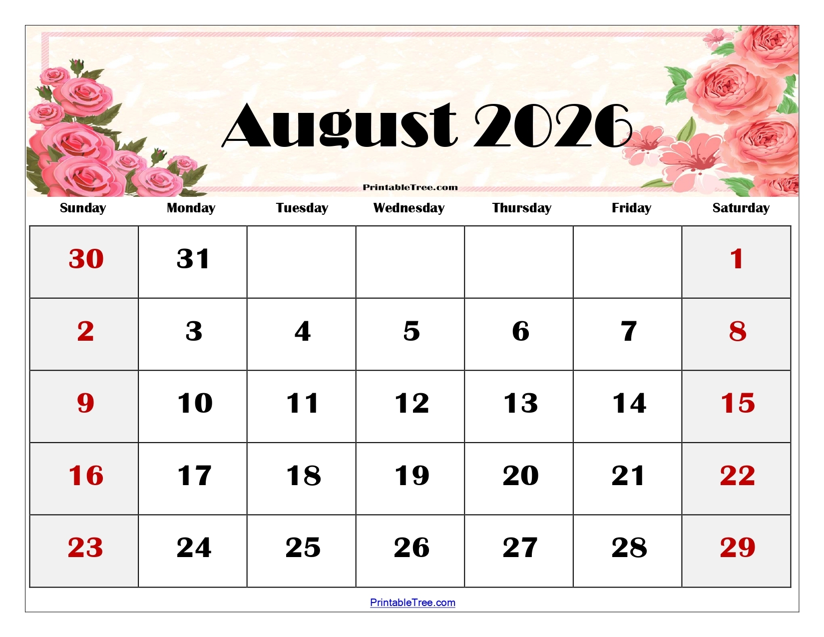 Free Printable August 2026 Calendar