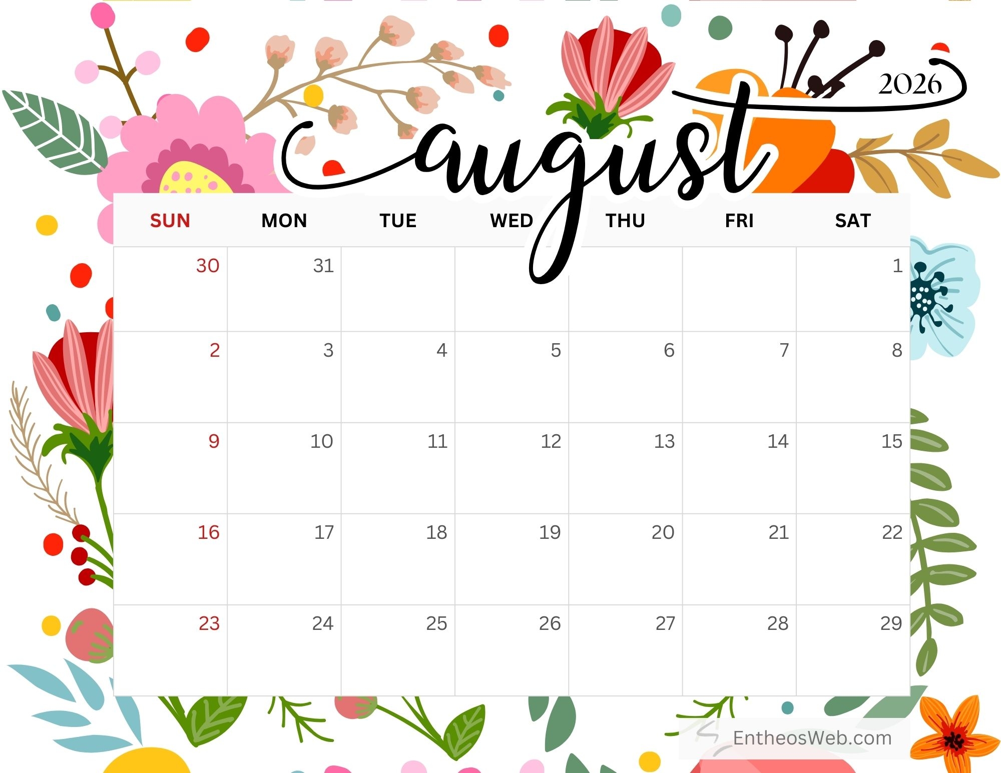 August 2026 Calendar Printables EntheosWeb