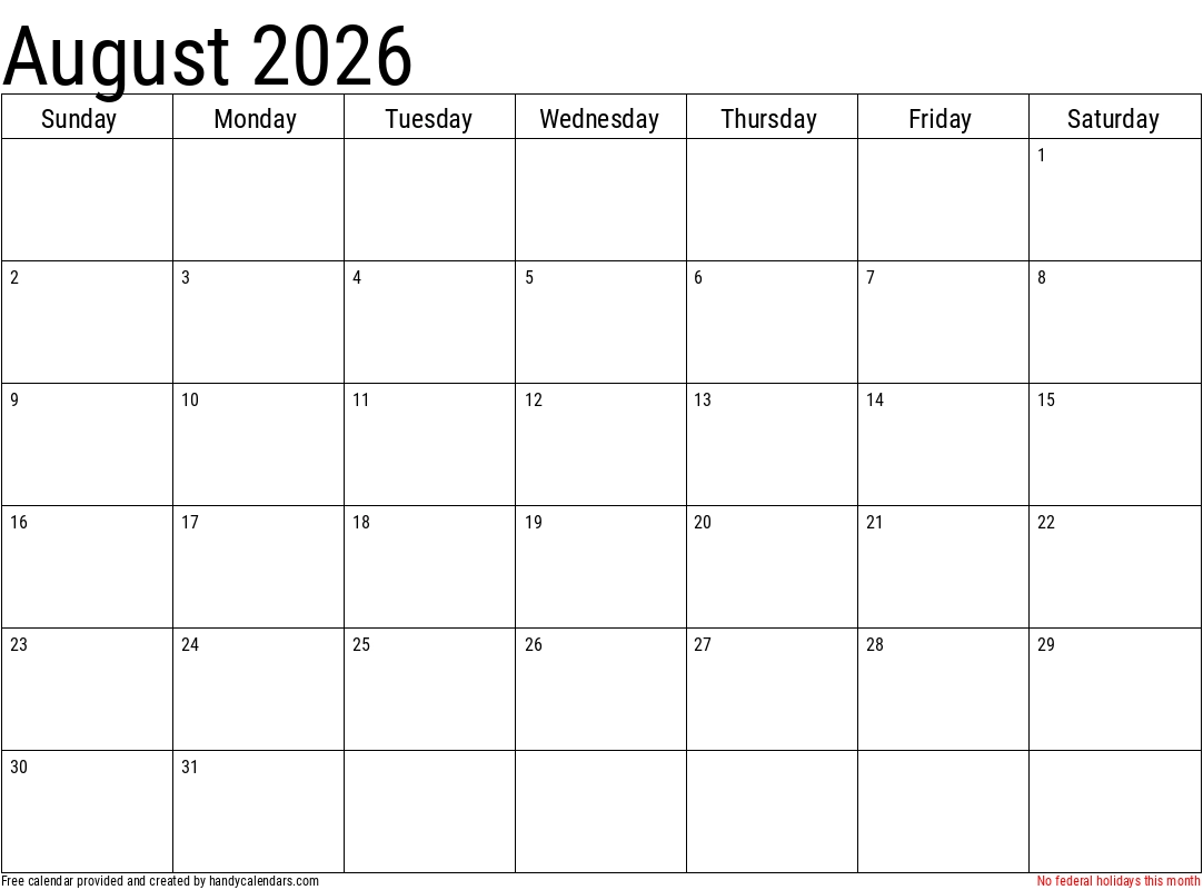 August 2026 Calendar With Holidays Handy Calendars