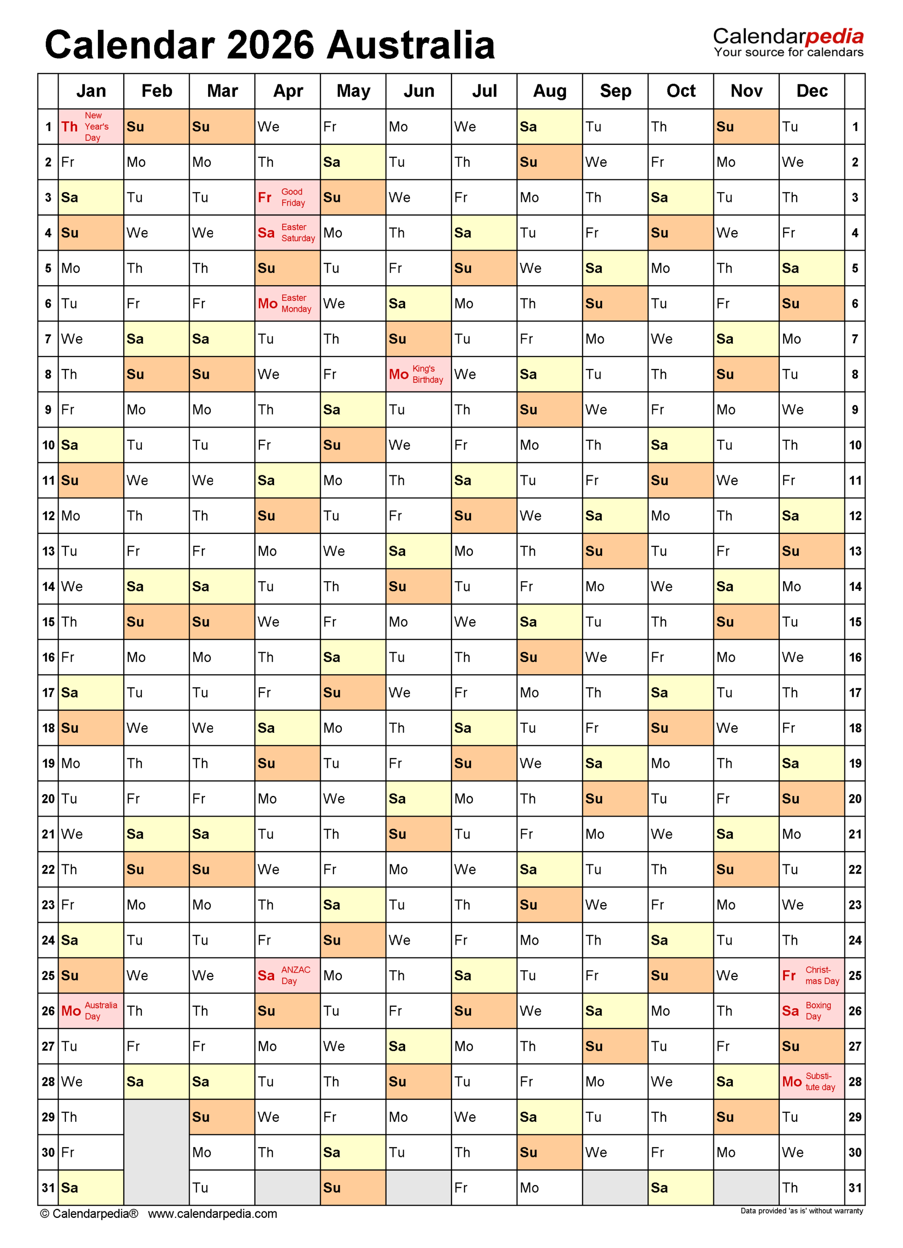 Australia Calendar 2026 Free Printable PDF Templates