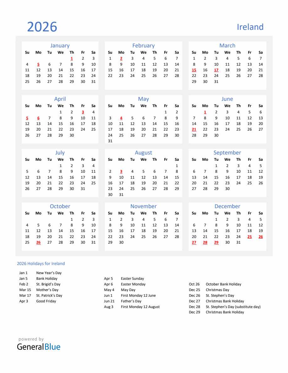 Printable Calendar 2026 Ireland
