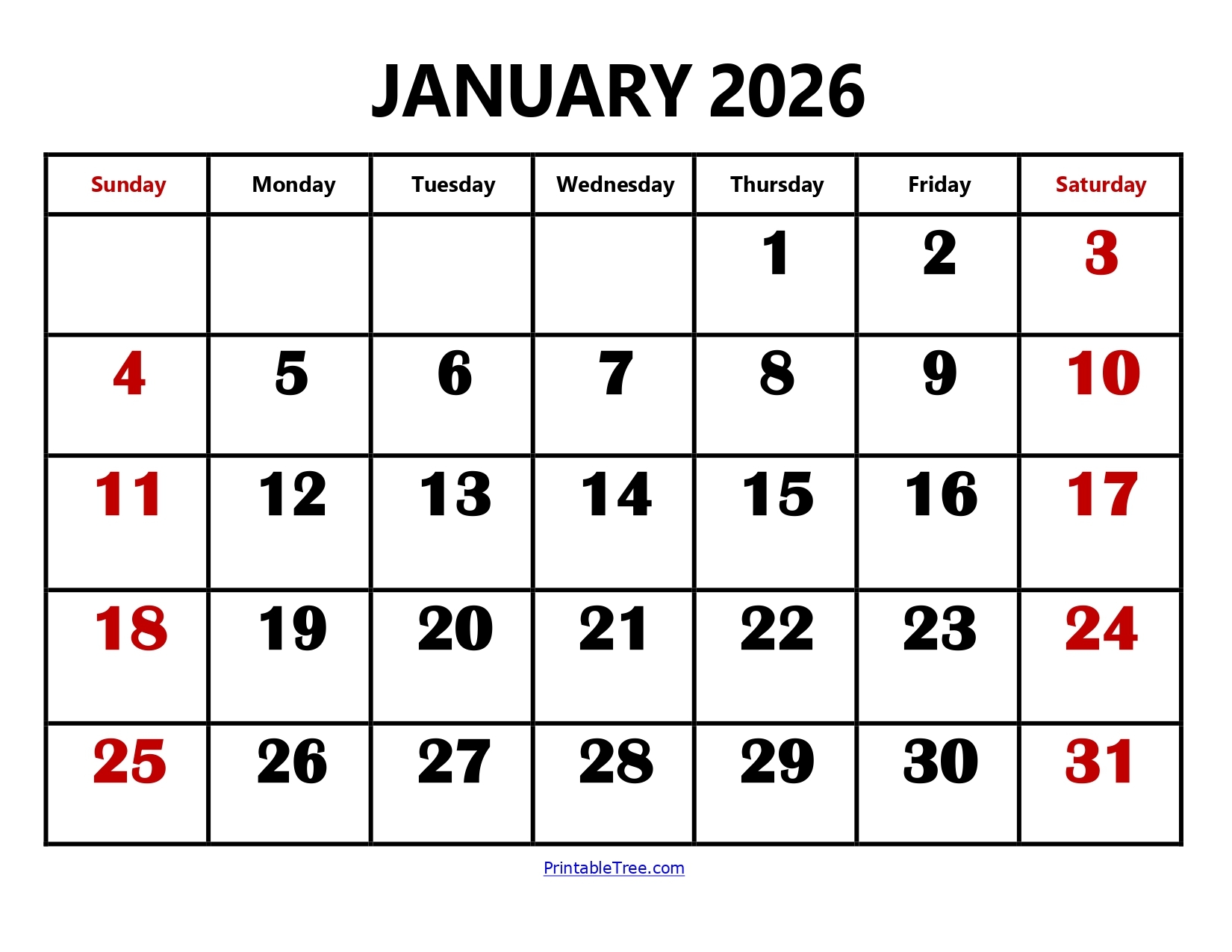 January Calendar Printable Free 2026