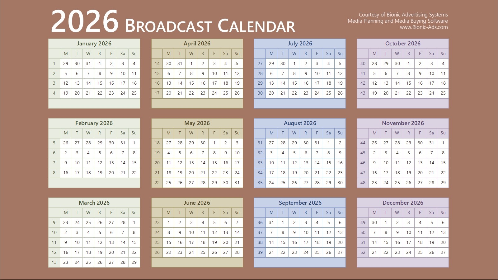 Broadcast Calendar 2026 Free Downloads Customizable