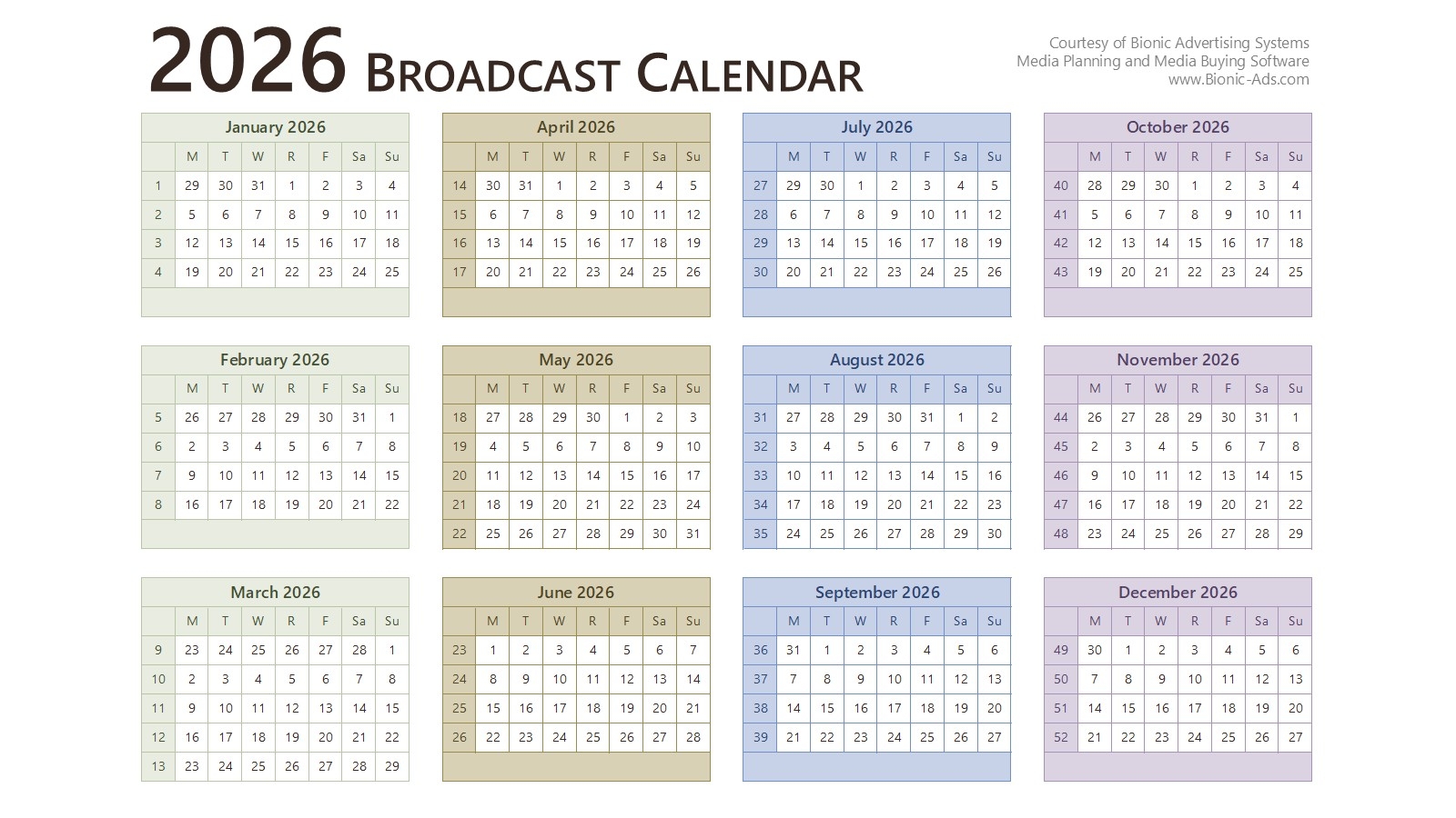 Broadcast Calendar 2026 Free Downloads Customizable