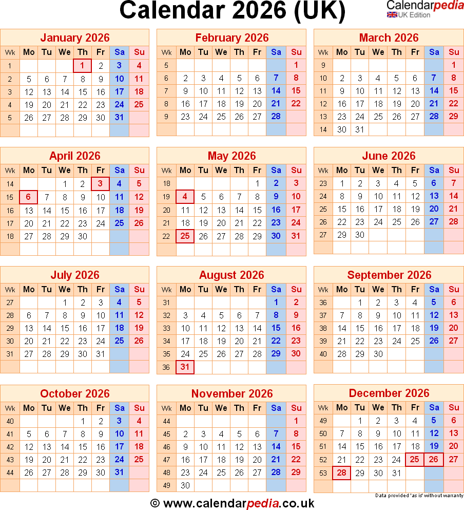 Calendar 2026 UK With Bank Holidays And PDF Excel Word Templates