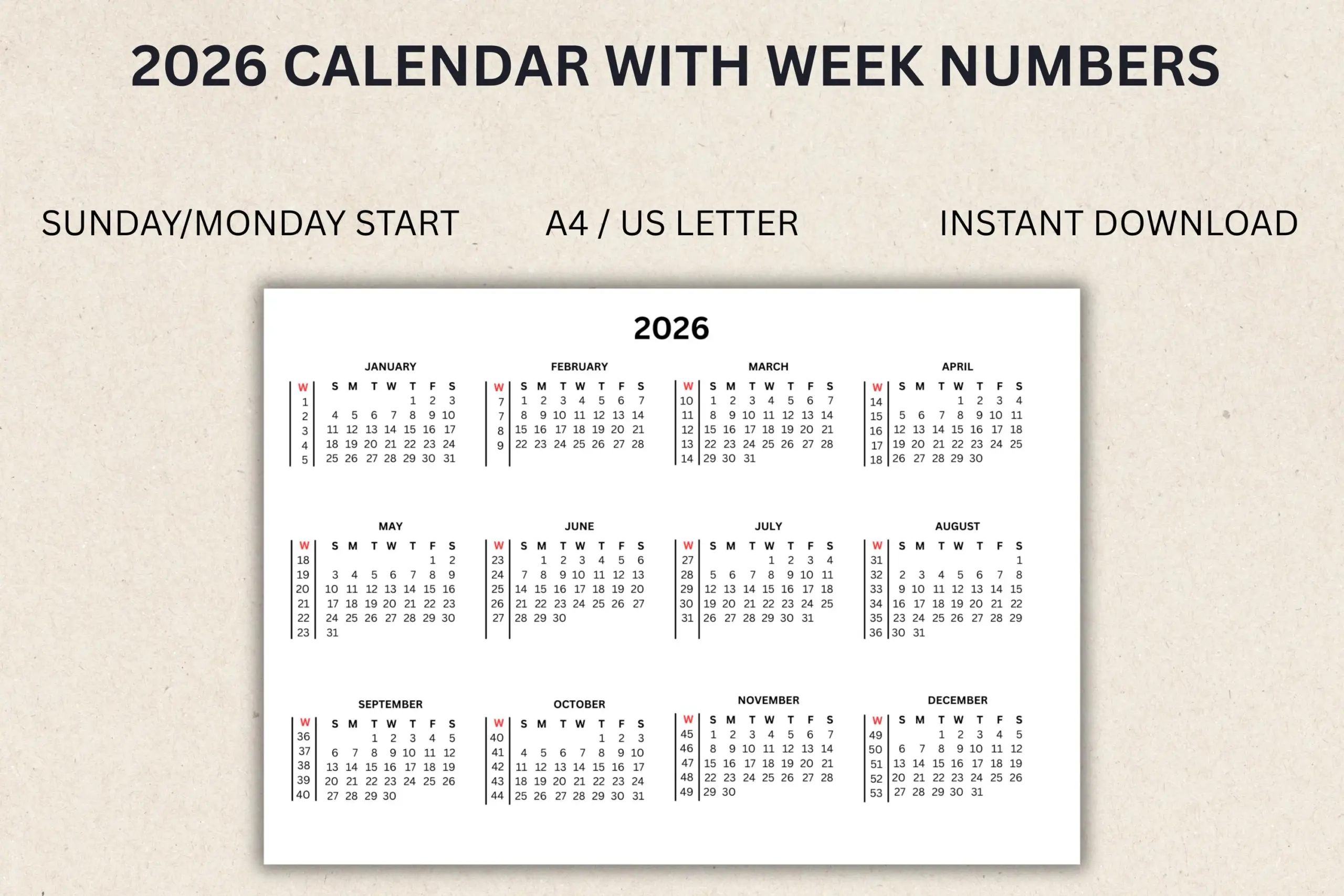 Calendar 2026 With Week Numbers Printable PDF Instant Download Sunday And Monday Start Etsy Israel