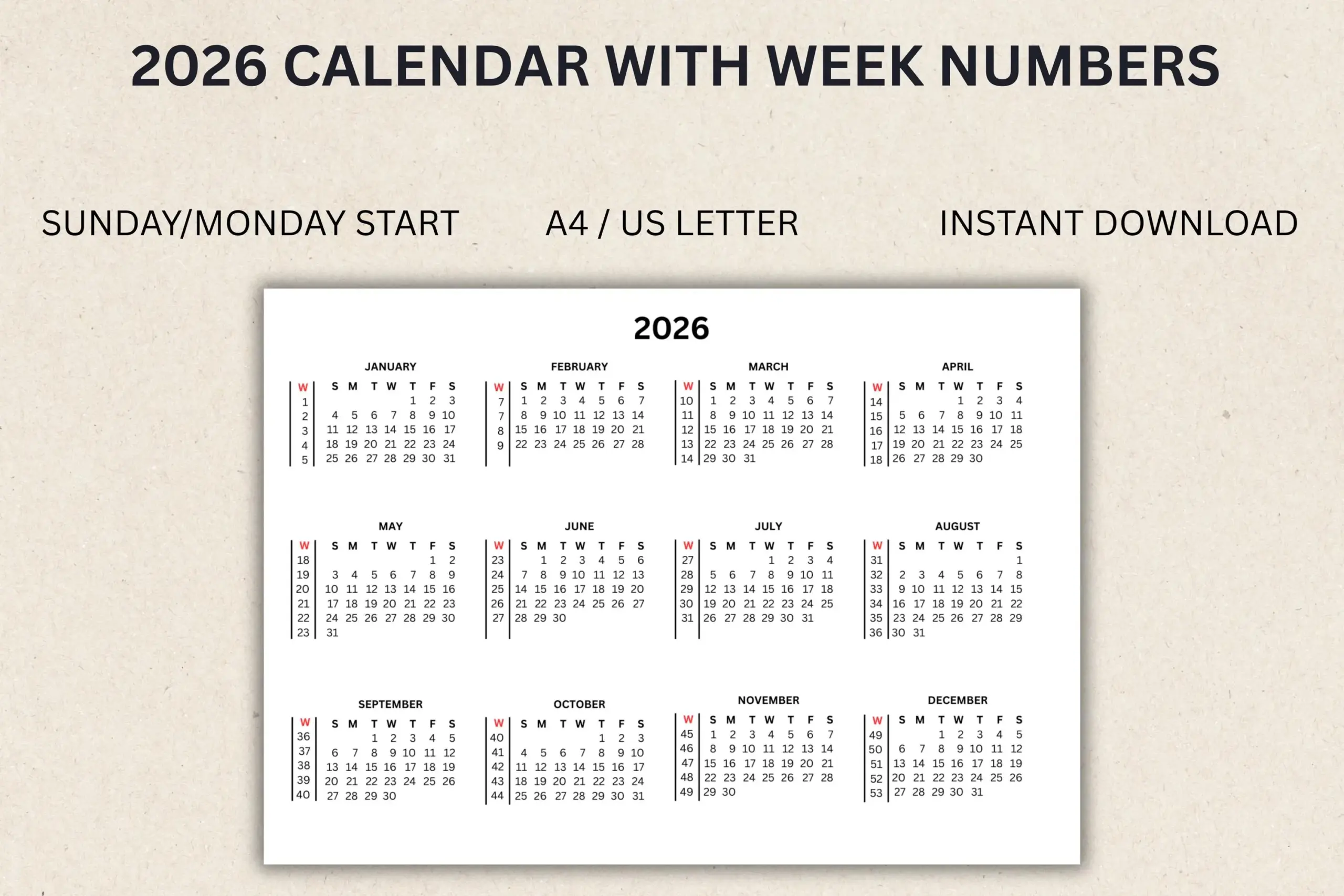 Calendar 2026 With Week Numbers Printable PDF Instant Download Sunday And Monday Start Etsy Israel