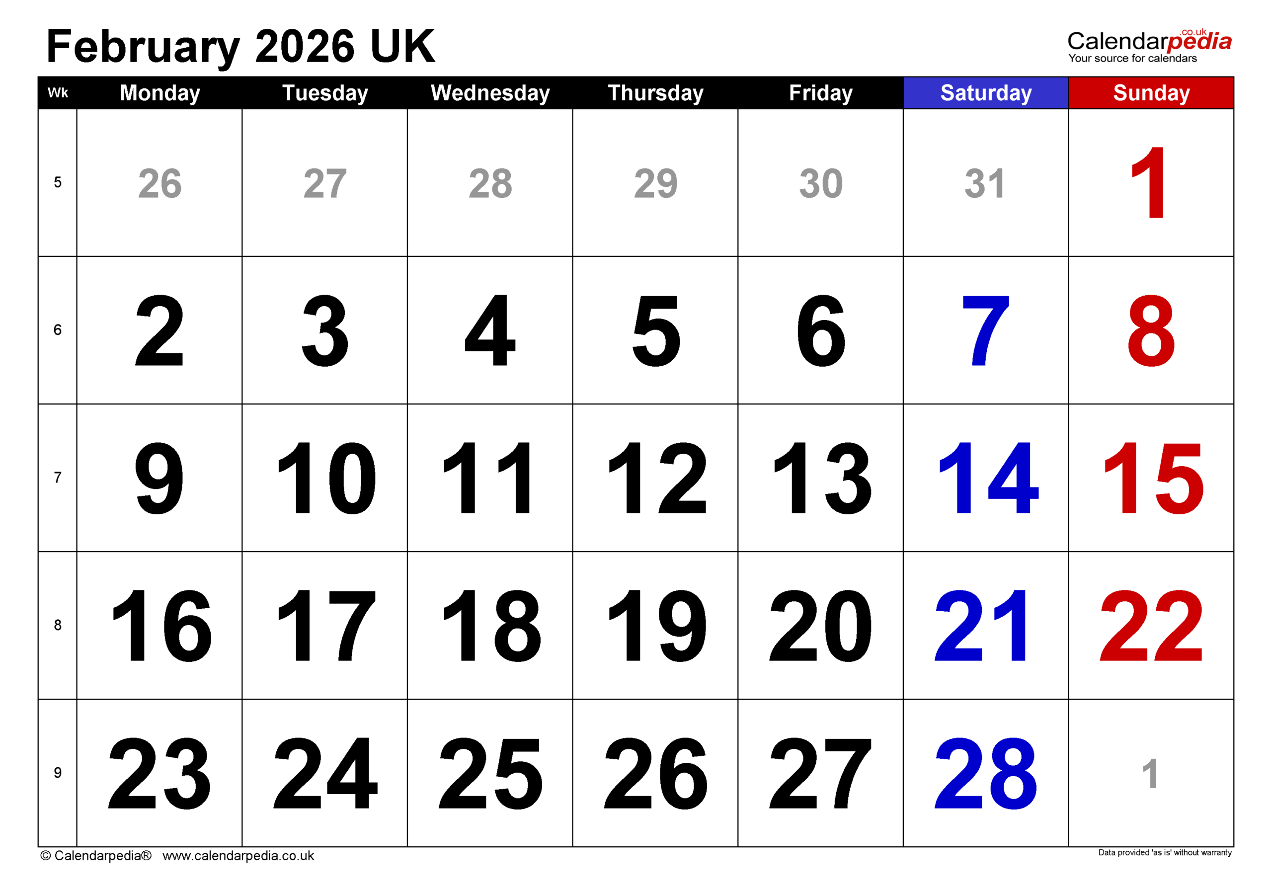 Printable Calendar For February 2026