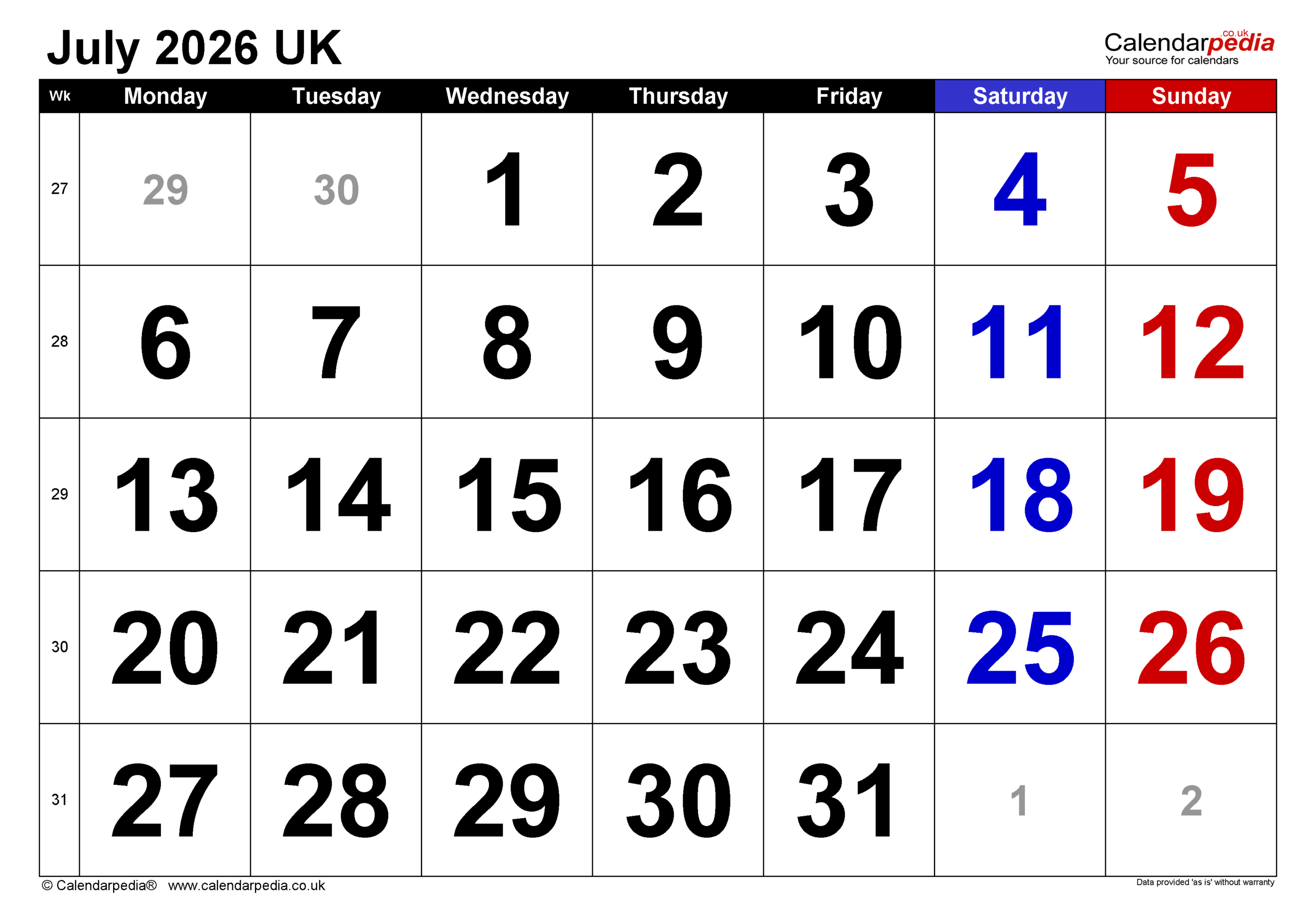 July 2026 Printable Calendar
