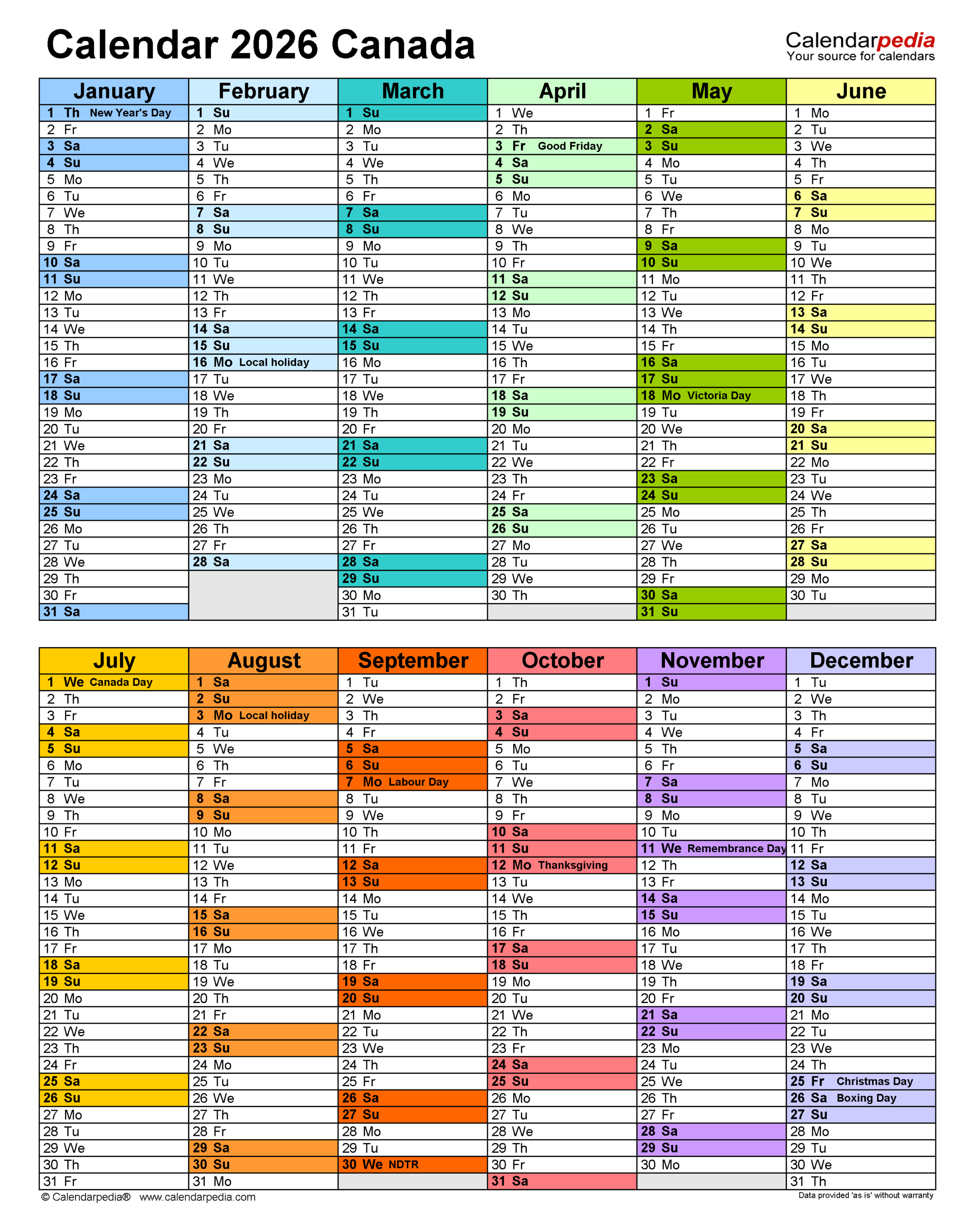 2026 Calendar Canada Printable Free