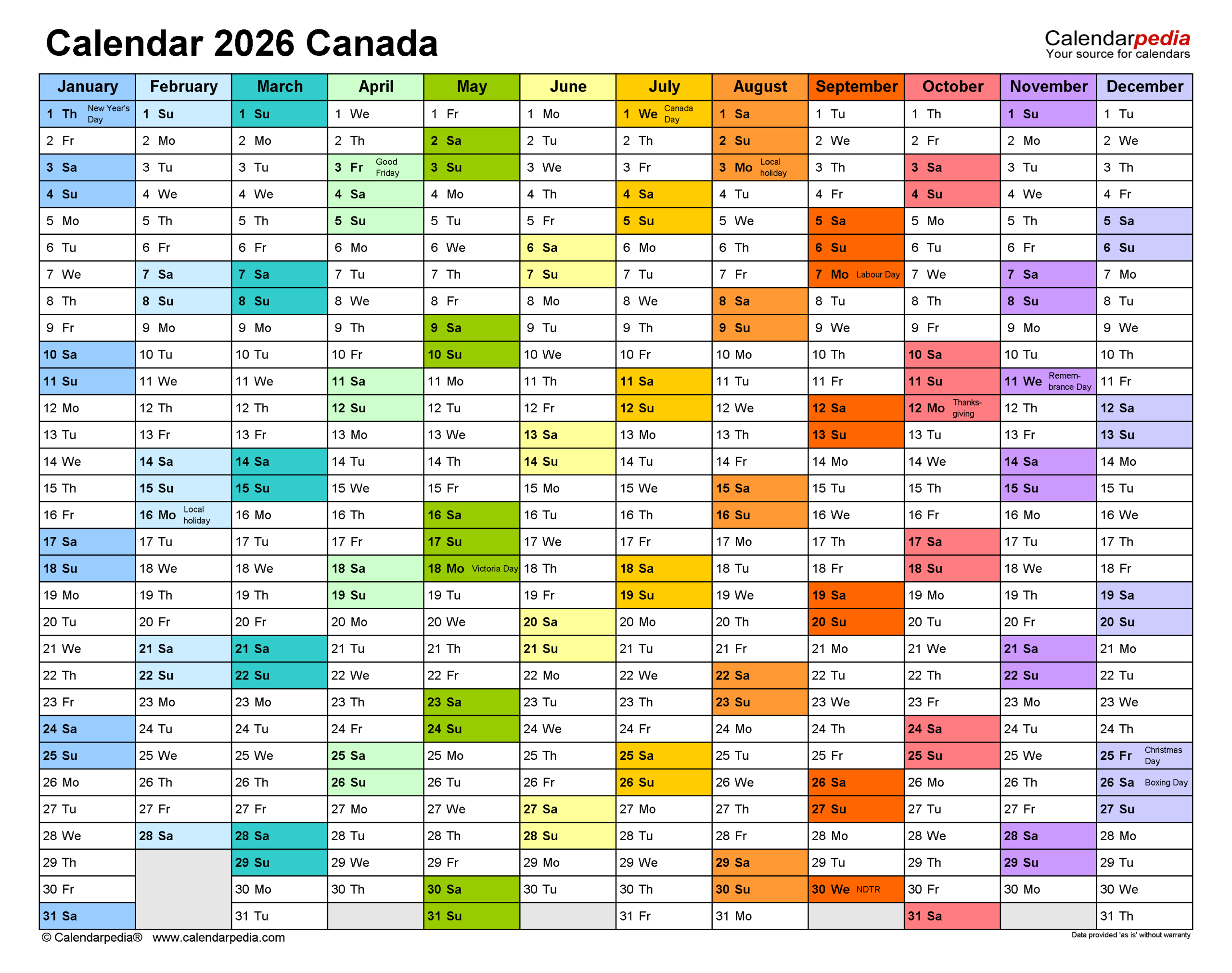 2026 Calendar Canada Printable Pdf Free Download