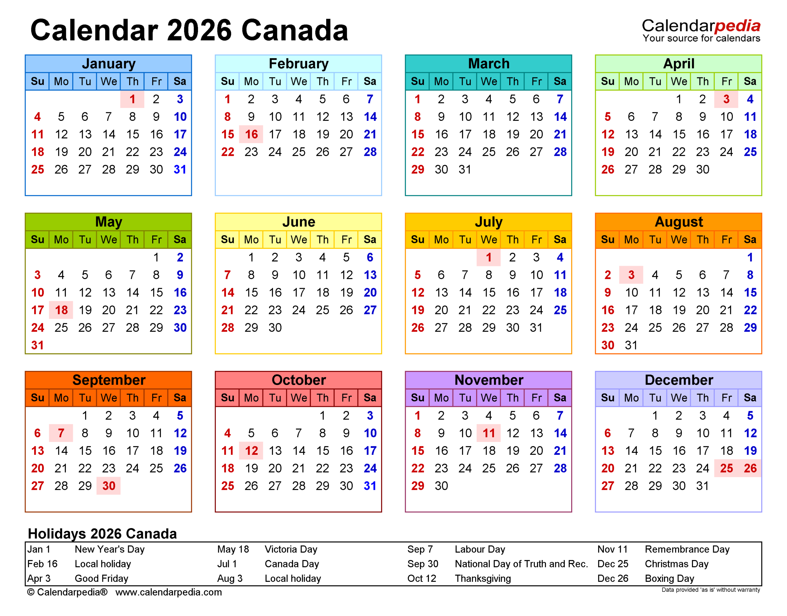 Canada Calendar 2026 Free Printable Word Templates