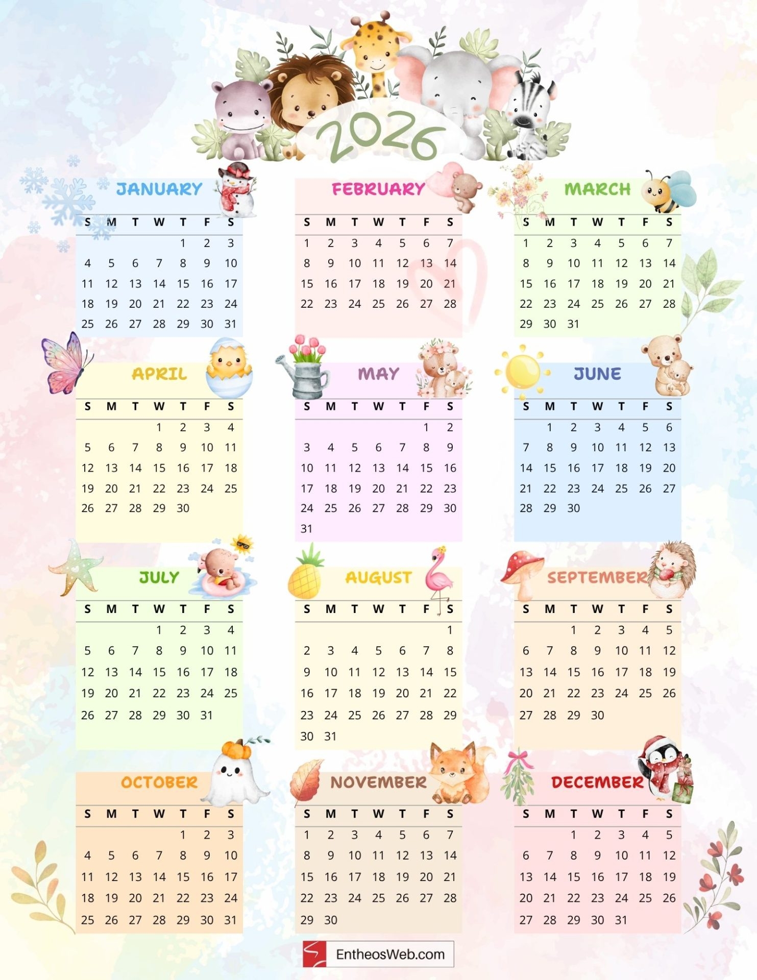 2026 Calendar Printable Cute