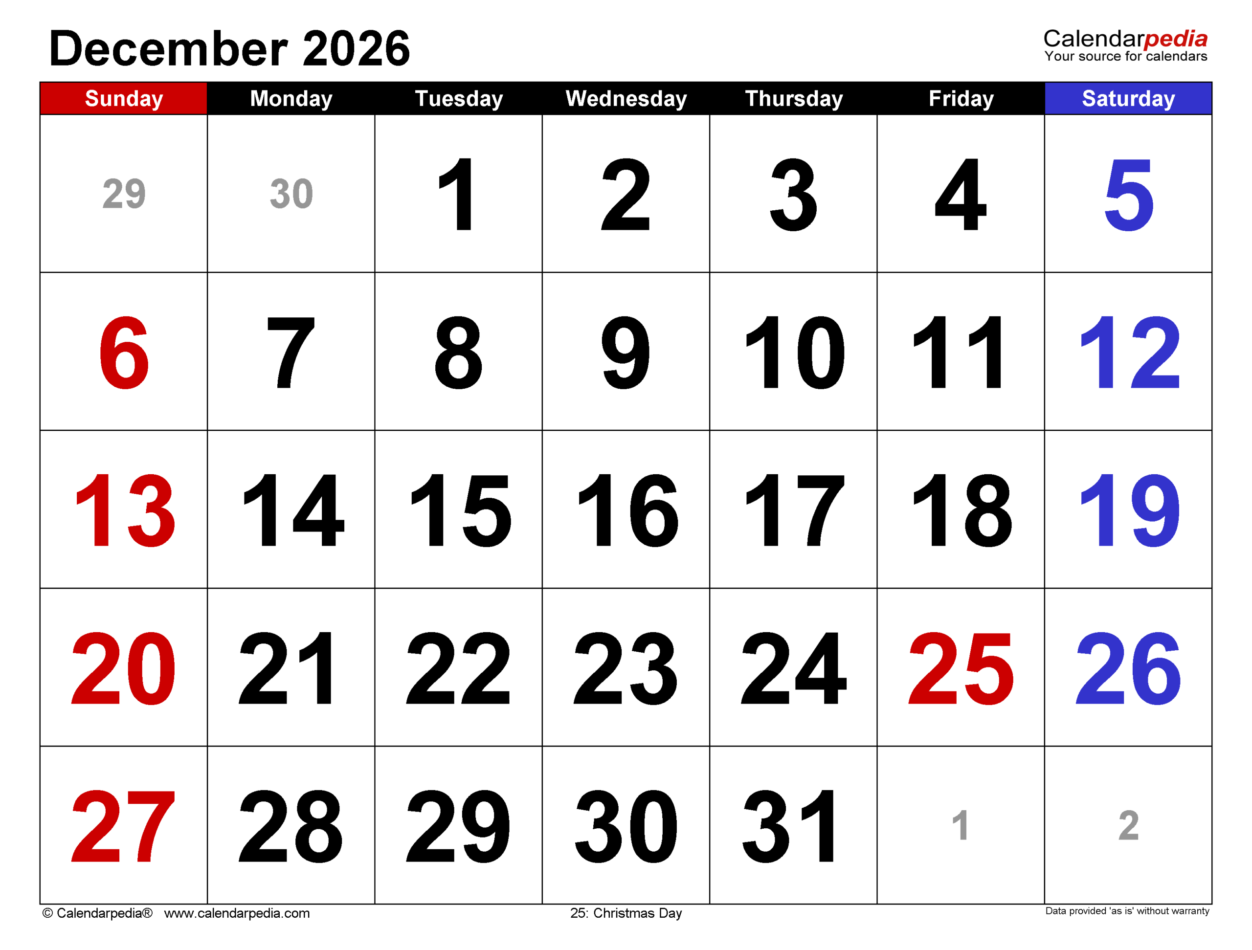 December 2026 Calendar Printable