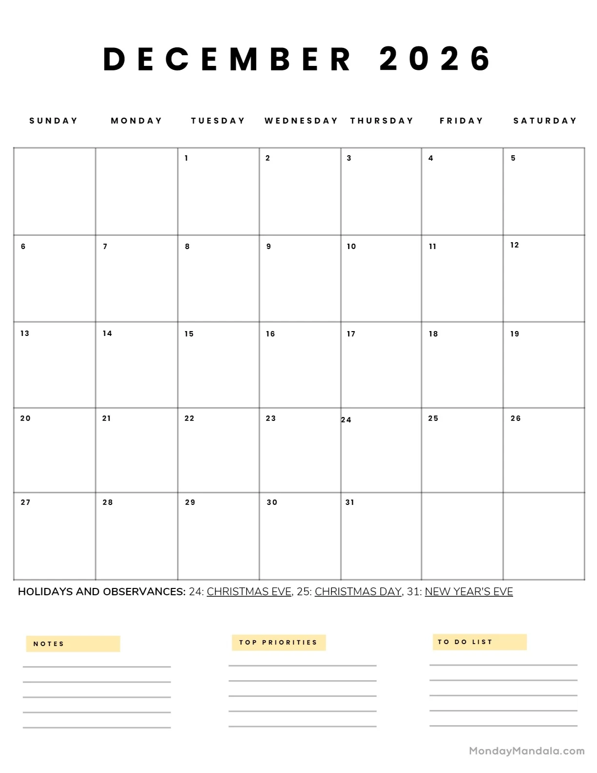 December 2026 Calendar Printable Free