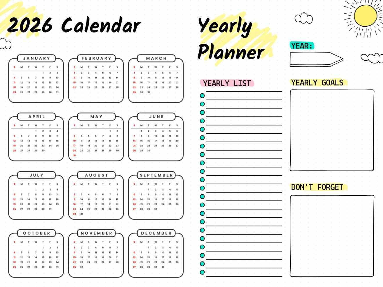 Download 2026 Yearly Calendar Planner Template Full Year Plan