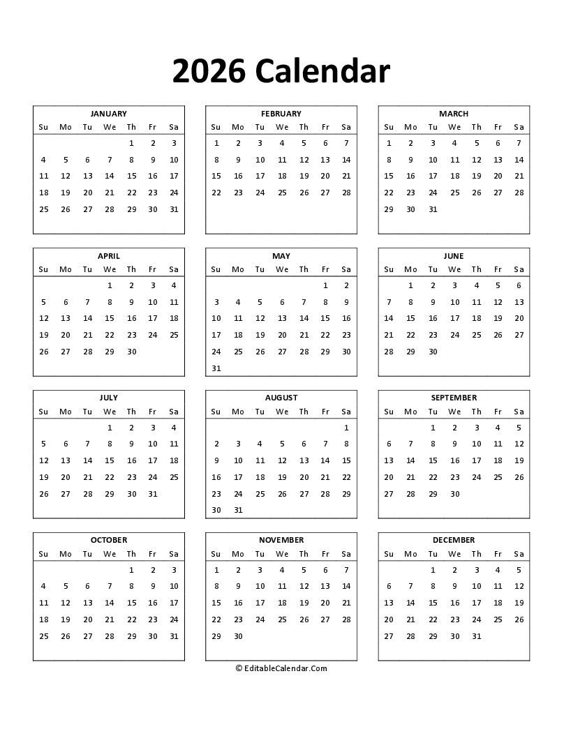 2026 Calendar Printable Free Word