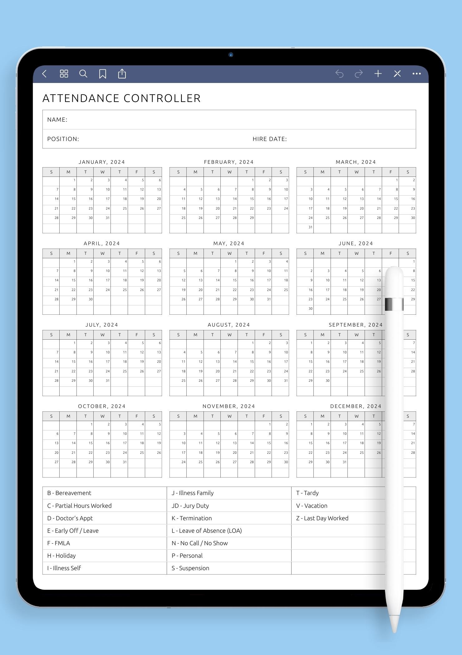 Free Printable 2026 Employee Attendance Calendar Pdf