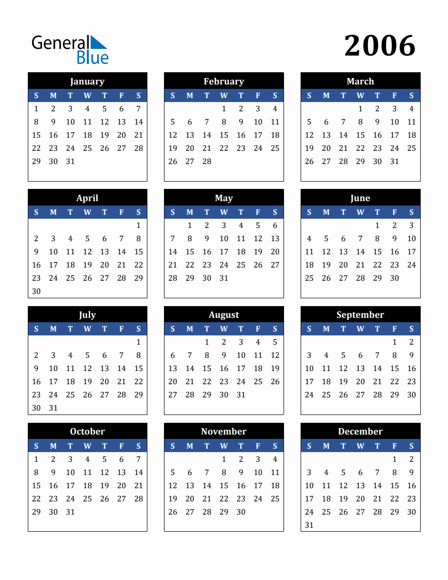 2006 Calendar Printable Free 2026