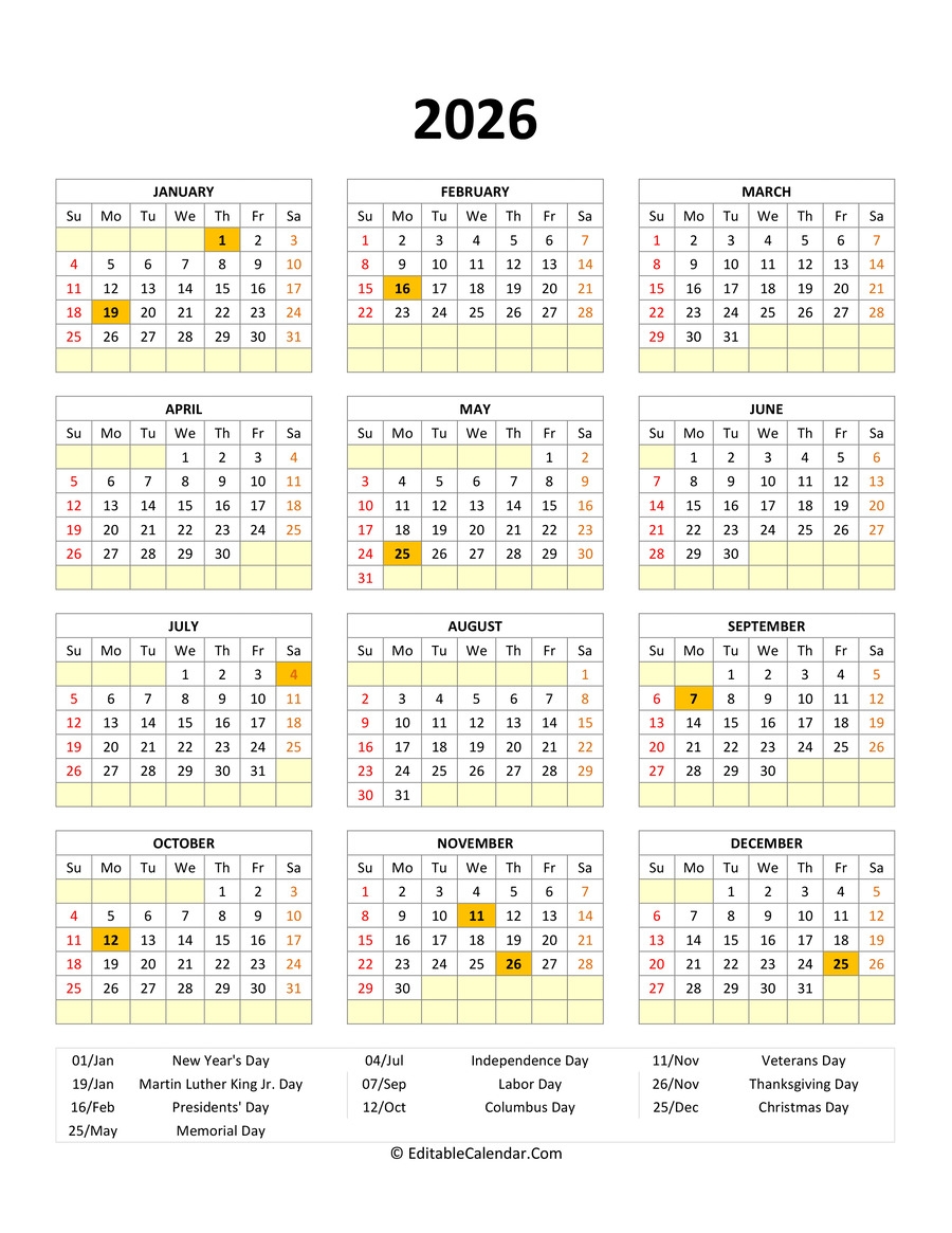 Printable Holiday Calendar 2026