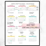 Editable School Year Calendar 2026 2027 School Calendar Printable 2026 2027 Academic Year At a glance Calendar Digital Download Preschool Etsy