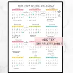 Editable School Year Calendar 2026 2027 School Calendar Printable 2026 2027 Academic Year At a glance Calendar Digital Download Preschool Etsy