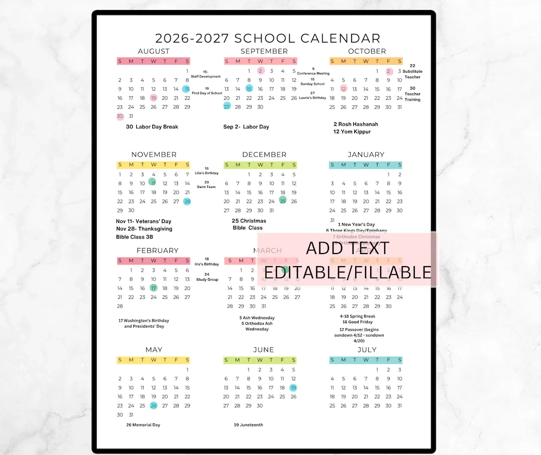 Editable School Year Calendar 2026 2027 School Calendar Printable 2026 2027 Academic Year At a glance Calendar Digital Download Preschool Etsy Singapore