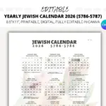 EDITABLE Yearly Jewish Calendar 2026 Jewish Holidays Canva Template Hebrew Calendar Jewish Calendar 5786 Hebrew Calendar 5786 Etsy Israel
