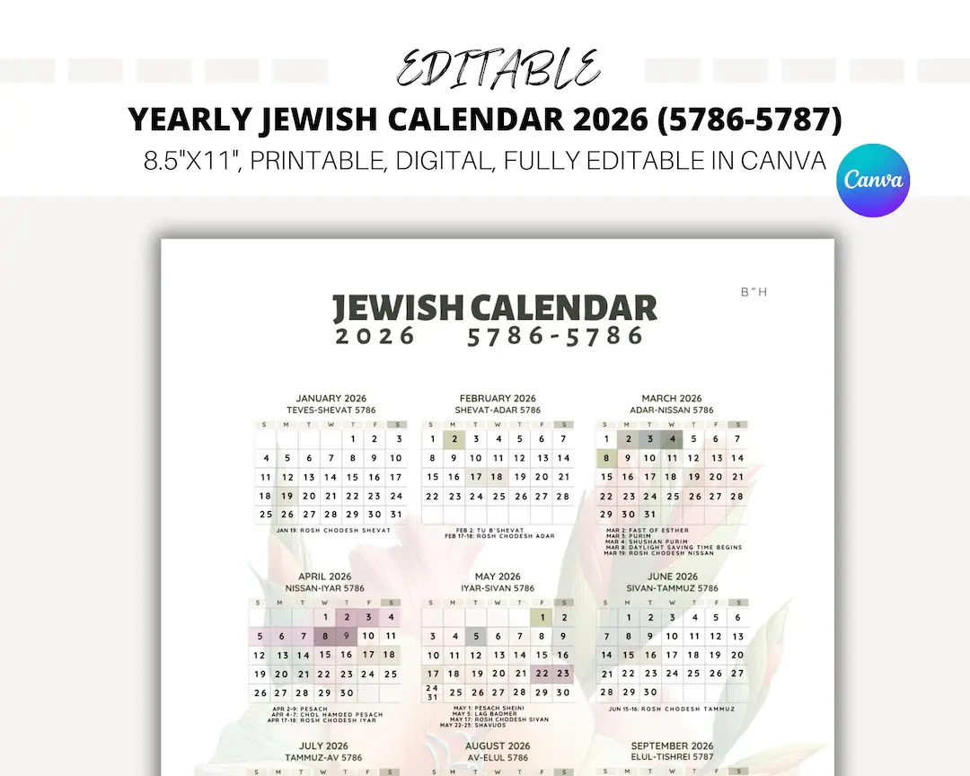 EDITABLE Yearly Jewish Calendar 2026 Jewish Holidays Canva Template Hebrew Calendar Jewish Calendar 5786 Hebrew Calendar 5786 Etsy Israel