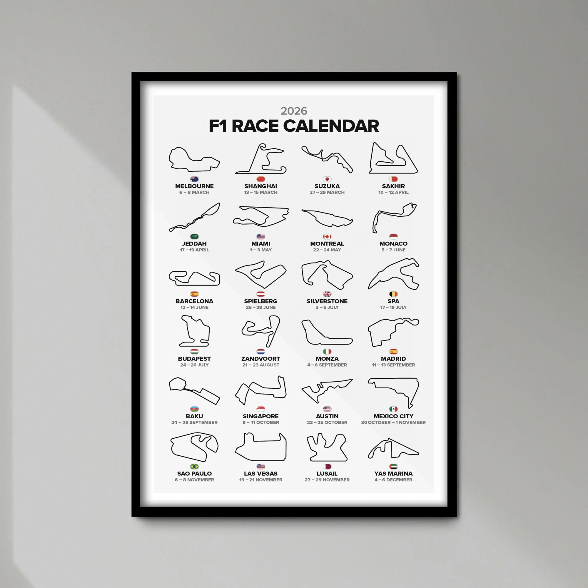 F1 2026 Wall Calendar Print Formula One Grand Prix Poster Birthday Christmas Gift For Motor Racing Fan Unframed Etsy