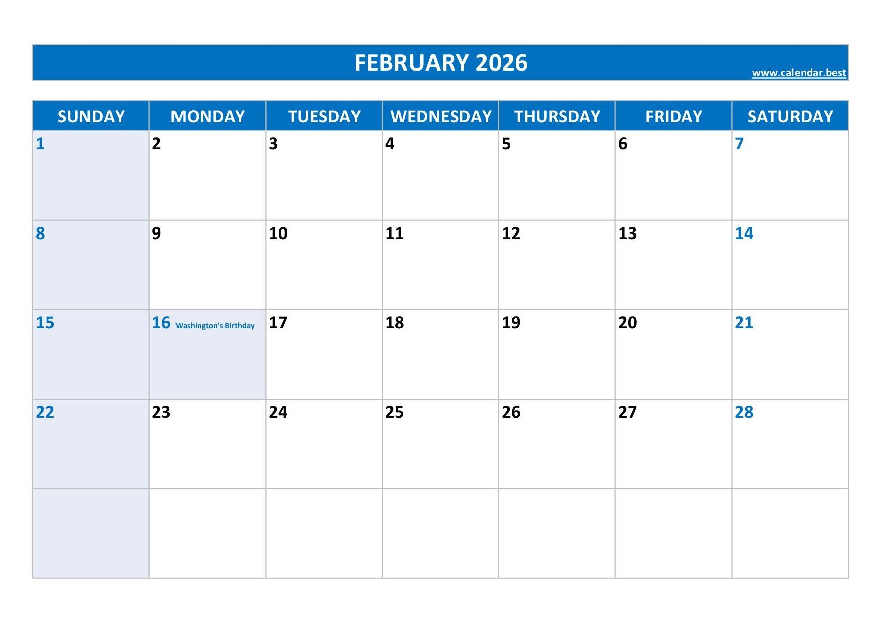 February 2026 Calendar Free Printable February 2026 Calendar Free Printable