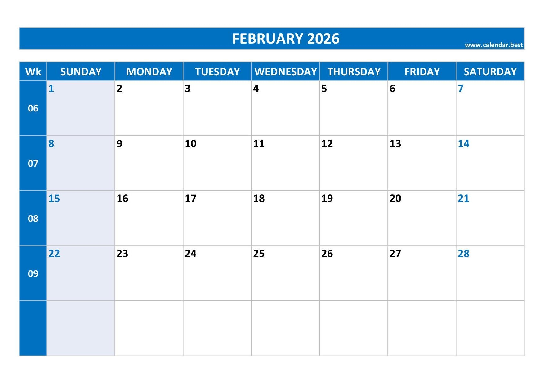 Free Printable Monthly Calendar February 2026