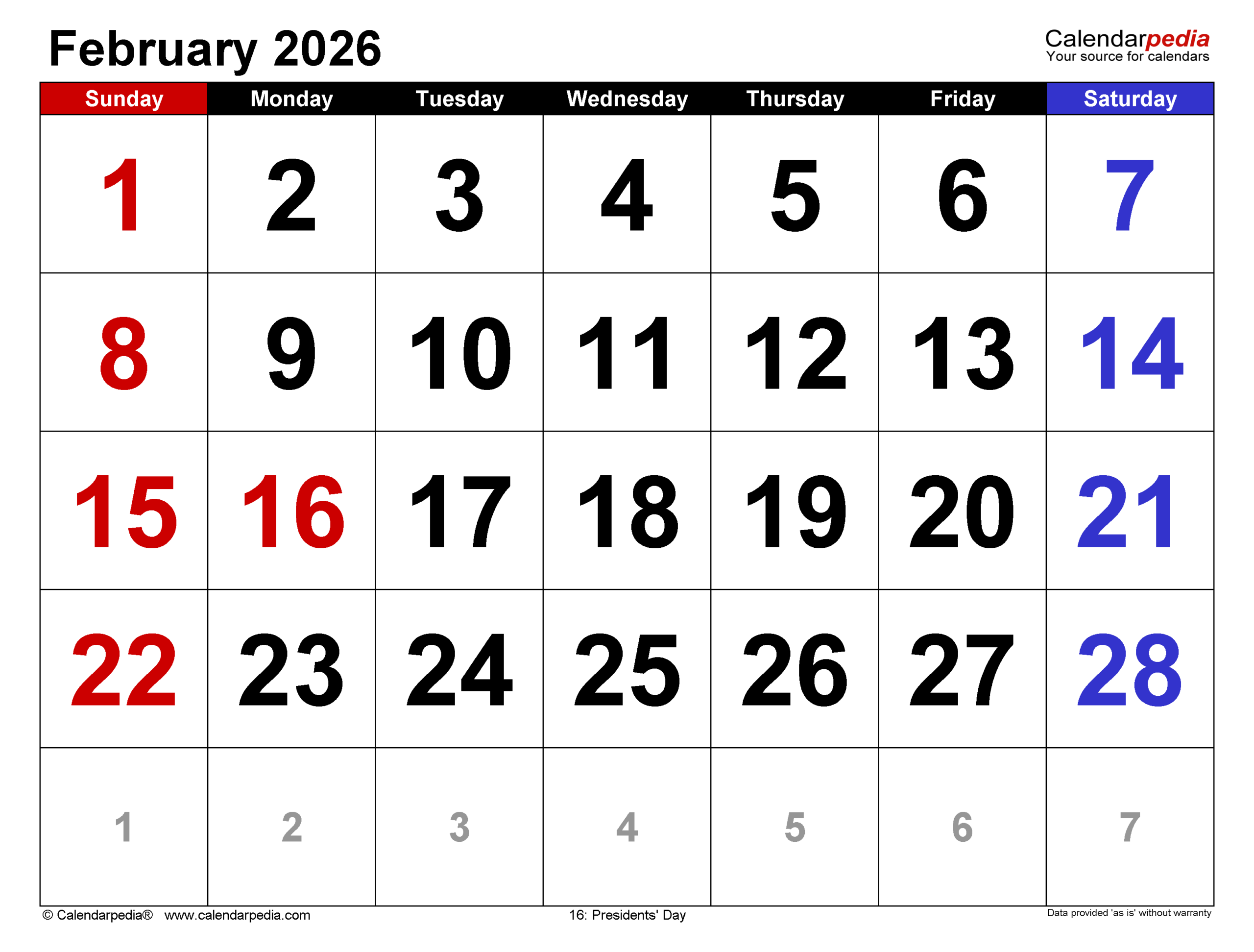 Presidents Day 2026 Calendar Printable