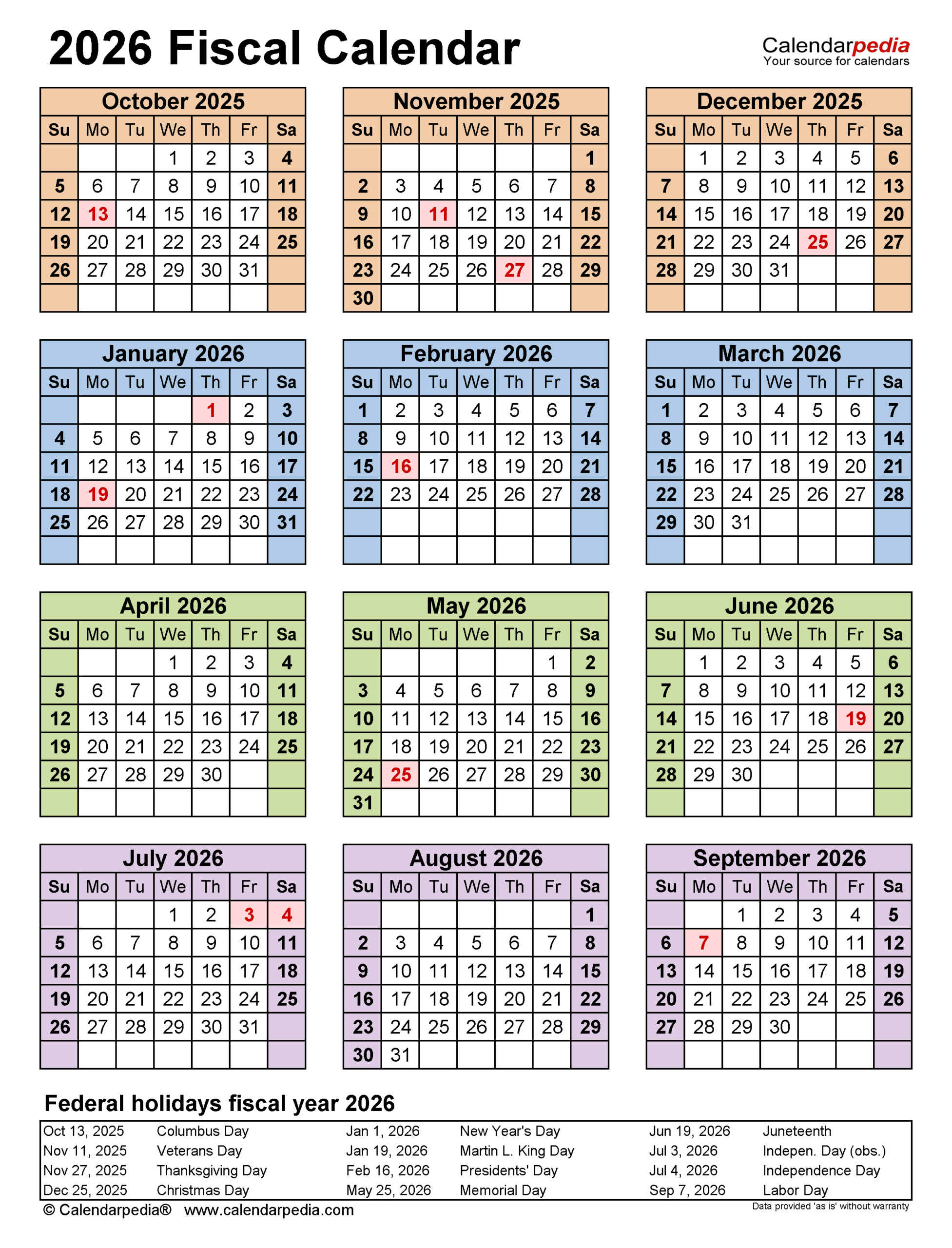 Fiscal Calendars 2026 Free Printable PDF Templates
