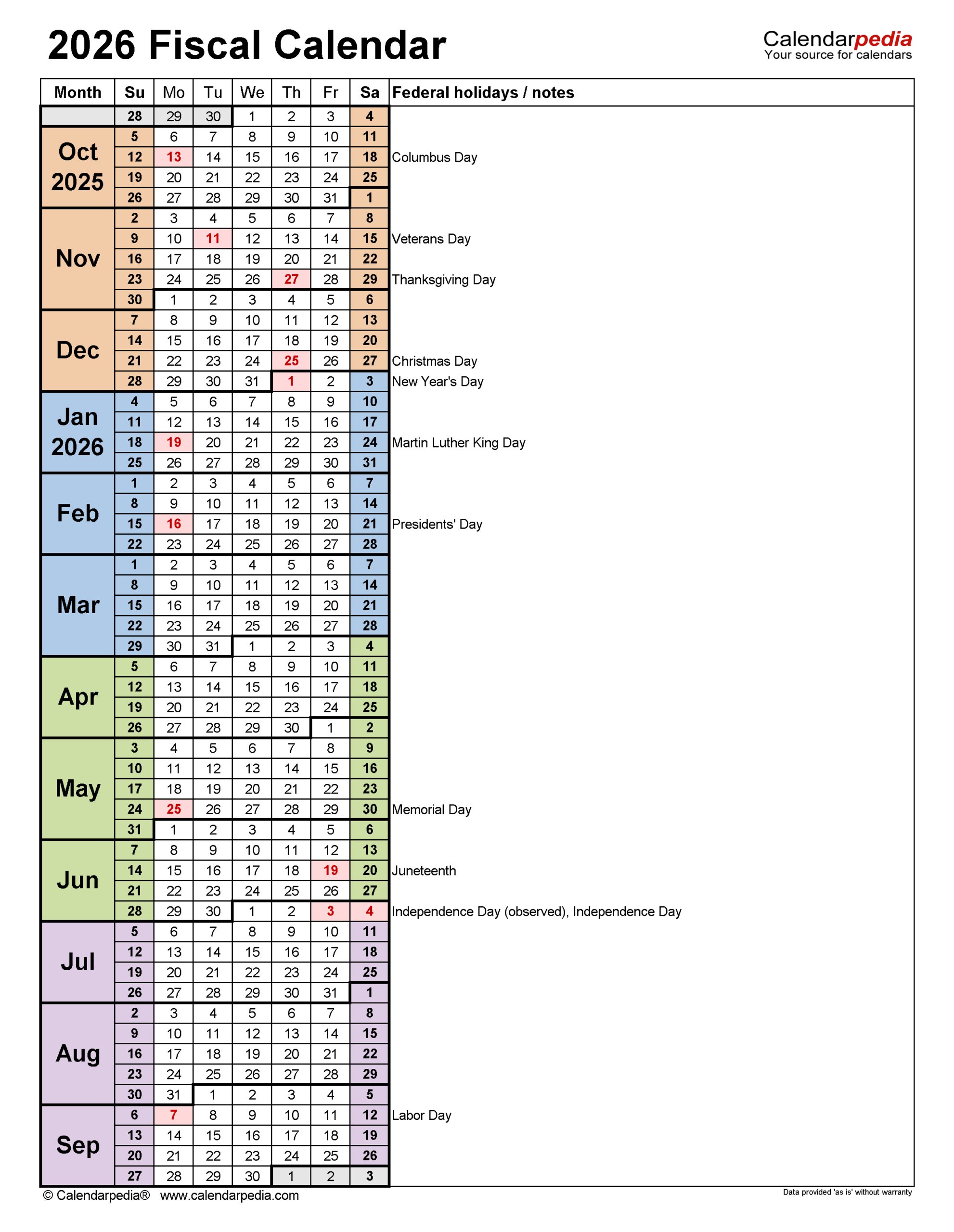 2026 Fiscal Calendar Printable