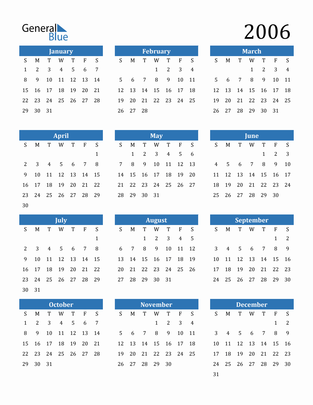 Free 2006 Calendars In PDF Word Excel
