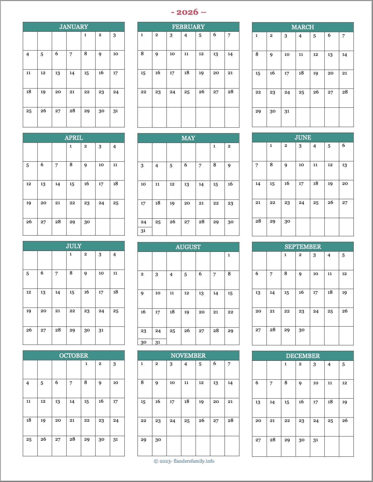 2026 Monthly Calendar Printable Free